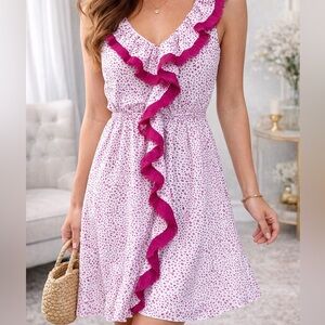 LOFT Petite Pink Ruffle Dress Sleeveless Printed Fit Flare Women’s MP